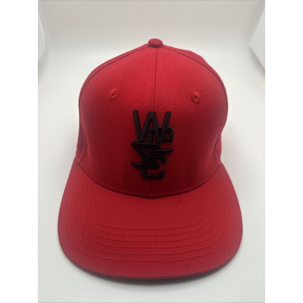 WeSC Mens Snapback Hat Red Black Embroidered Monogram Logo Flat Brim Cap OSFM